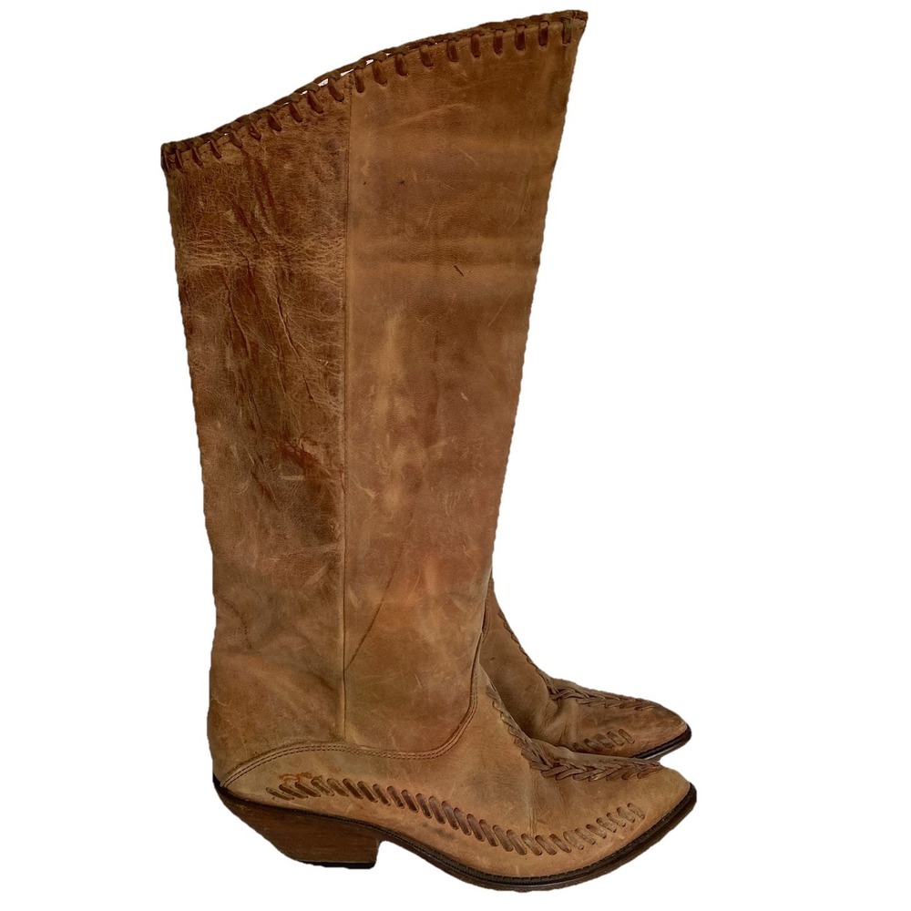 Vtg Zodiac Leather Tall Knee High Riding Cowboy Boots Size 8 Brown Boho Hippie - Picture 2 of 12